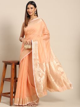 Akhilam - Womens Linen Blend Peach Woven Design Designer Saree with Unstitched Blouse