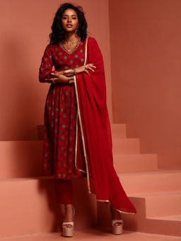 Imara - Red Printed Gathered Kurta (Set of 3)