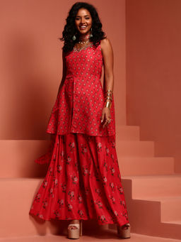 Imara - Red Printed Gathered Kurta (Set of 2)