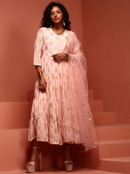 Imara - Light Pink Tiered Georgette Dress With Dupatta (Set of 2)