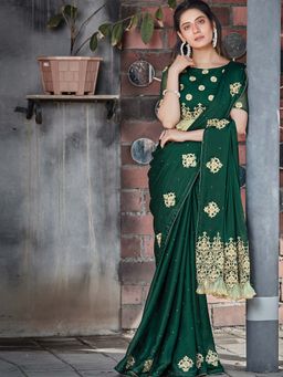 Odette - Green Colour Silk Georgette Embroidered Saree with Unstitched Blouse