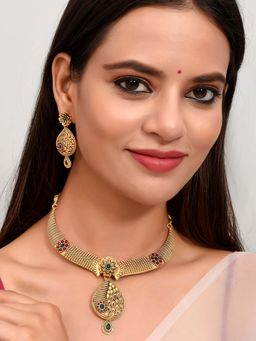 Silvermerc Designs - Gold Plated Red & Green Stone Studded Temple Jewellery (Set of 2)