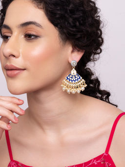 Indya - Gold Blue Enamel Pearl Drop Dangler Earrings