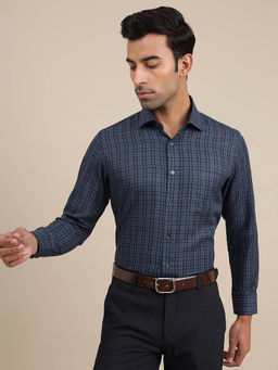 Greenfibre - Mens Navy Blue Checked Slim-Fit Formal Shirt
