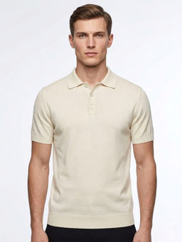 DESIGN ELEMENTS - Men Cream Casual Short Sleeves Polo T-Shirt