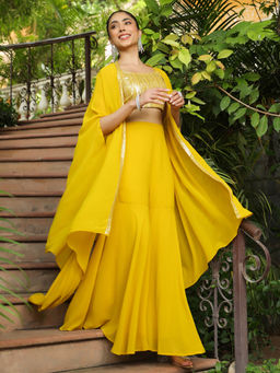 Janasya - Women'S Yellow Georgette Sequined Crop Top with Sharara and Cape (Set of 3)