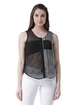 KASSUALLY - Black & White Regular Fit Striped Casual Shirt