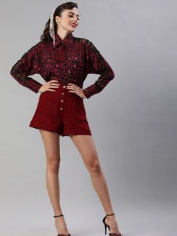 KASSUALLY - Burgundy and Pink Boxy Printed Casual Shirt