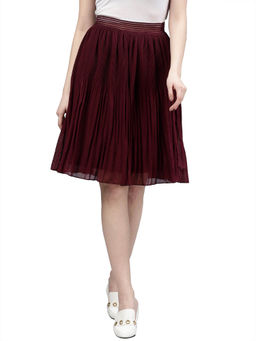 KASSUALLY - Burgundy Solid Pleated A-Line Knee-Length Skirt