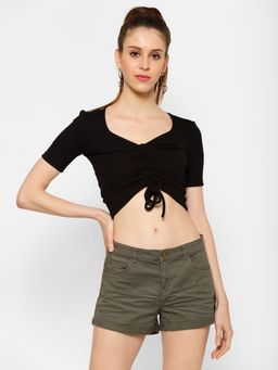 KASSUALLY - Black Short Sleeve Drawstring Crop Top