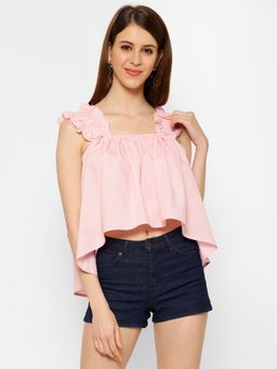 KASSUALLY - Pink Frilly Shoulder High Low Crop Top