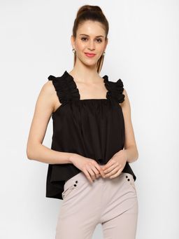 KASSUALLY - Black Frilly Shoulder High Low Crop Top