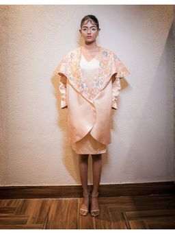 October - Women Beige Champagne Mashru Cape Collar Coat