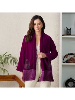 First Resort by Ramola Bachchan - Women Magenta Crystal Embellished Shrug with Fringes