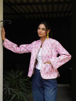 House of Chikankari - HOC Women Hand Block Printed Pink Short Reversible Jacket