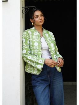 House of Chikankari - HOC Women Green Cotton Short Reversible Jacket