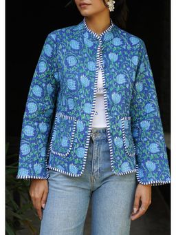 House of Chikankari - HOC Women Hand Block Printed Blue Short Reversible Jacket