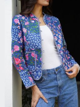 House of Chikankari - HOC Women Blue Cotton Short Reversible Jacket