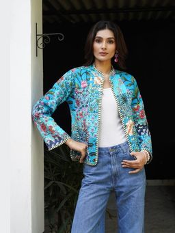 House of Chikankari - HOC Women Turquoise Blue Cotton Short Reversible Jacket
