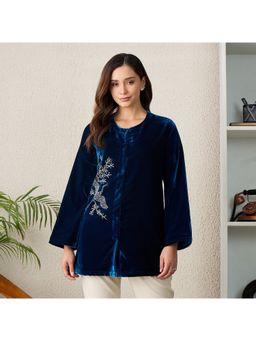 First Resort by Ramola Bachchan - Women Teal Swan Motif Hand Embellished Velvet Jacket