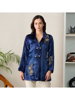 First Resort by Ramola Bachchan - Women Prussian Blue Double Breasted Floral Embroidery Jacket