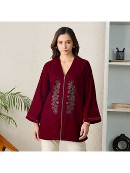 First Resort by Ramola Bachchan - Women Maroon Front Embellishments Velvet Jacket