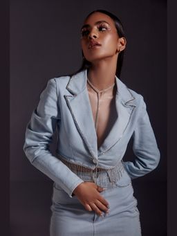 The Clothing Factory - Rhinestone Cropped Denim Blazer