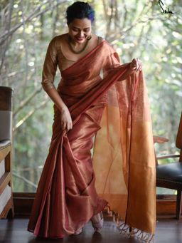 Suta - Red & Deep Gold Linen Zari Saree without Blouse
