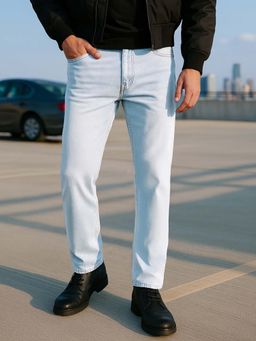 Bewakoof - Men's Light Blue Slim Straight Fit Stretchable Washed Mid-Rise Jeans