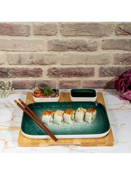 EZ Life - Plum Square Plate 1 Plate 2 Dip Bowls on Wooden Tray Green & White