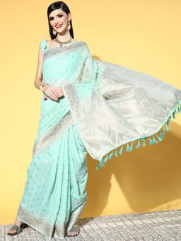Odette - Cotton Blend Turquoise Woven Design Saree with Unstitched Blouse