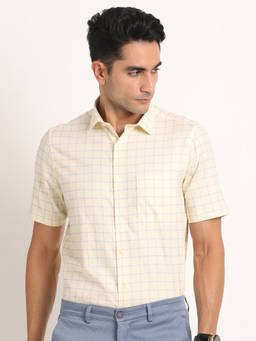 Turtle - Mane's Beige Checks Collar Neck Formal Shirt