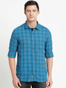 Turtle - Mane's Blue Checks Collar Neck Casual Shirt
