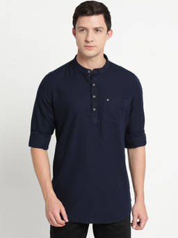 Turtle - Mane's Navy Blue Solid Mandarin Neck Casual Shirt
