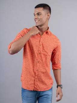 Turtle - Mane's Orange Printed Collar Neck Casual Shirt