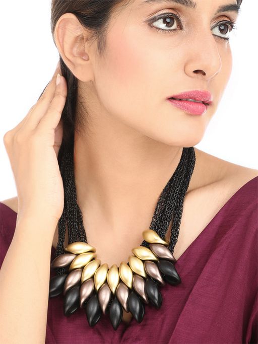 Yellow Chimes Gold-Toned and Black Leaf Shaped Choker Necklace