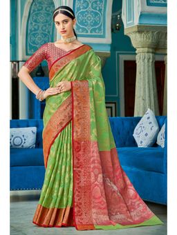Sangam Prints - Green Cotton Woven Zari Work Traditional Saree with Unstitched Blouse