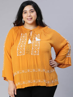 Oxolloxo - Mustard Embroidered Regular Fit Top