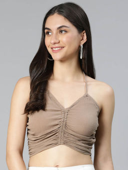 Oxolloxo - Brown Solid Regular Fit Crop Top