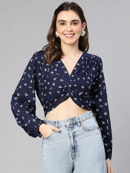 Oxolloxo - Navy Blue Printed Regular Fit Crop Top