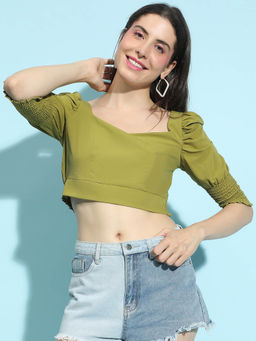 Oxolloxo - Green Solid Regular Fit Crop Top