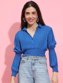 Oxolloxo - Blue Solid Regular Fit Crop Top