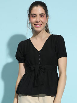 Oxolloxo - Black Solid Regular Fit Top and Belt (Set of 2)