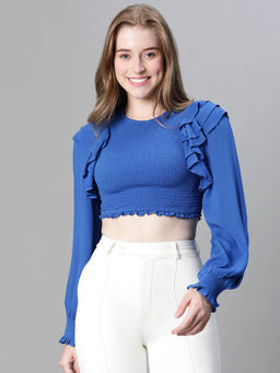 Oxolloxo - Blue Solid Fitted Fit Crop Top