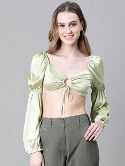 Oxolloxo - Green Solid Regular Fit Crop Top