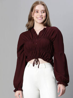 Oxolloxo - Maroon Solid Regular Fit Crop Top