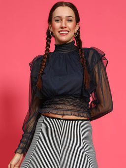 Oxolloxo - Navy Blue Self Design Regular Fit Top