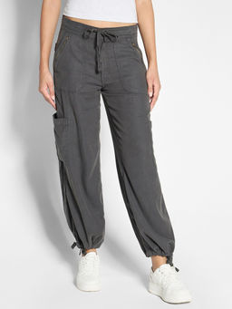 American Eagle - Women Grey Dreamy Drape Linen Blend Baggy Wide Leg Cargo Pant