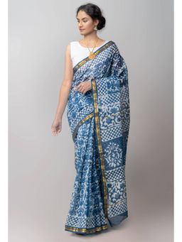 Unnati Silks - White Indigo Pure Kota Cotton Saree with Unstitched Blouse