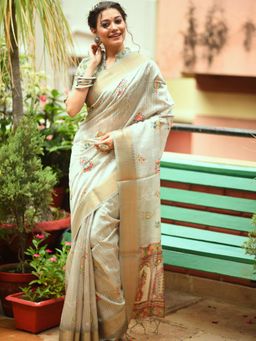 Odette - Grey Tussar Silk Blend Saree with Unstitched Blouse